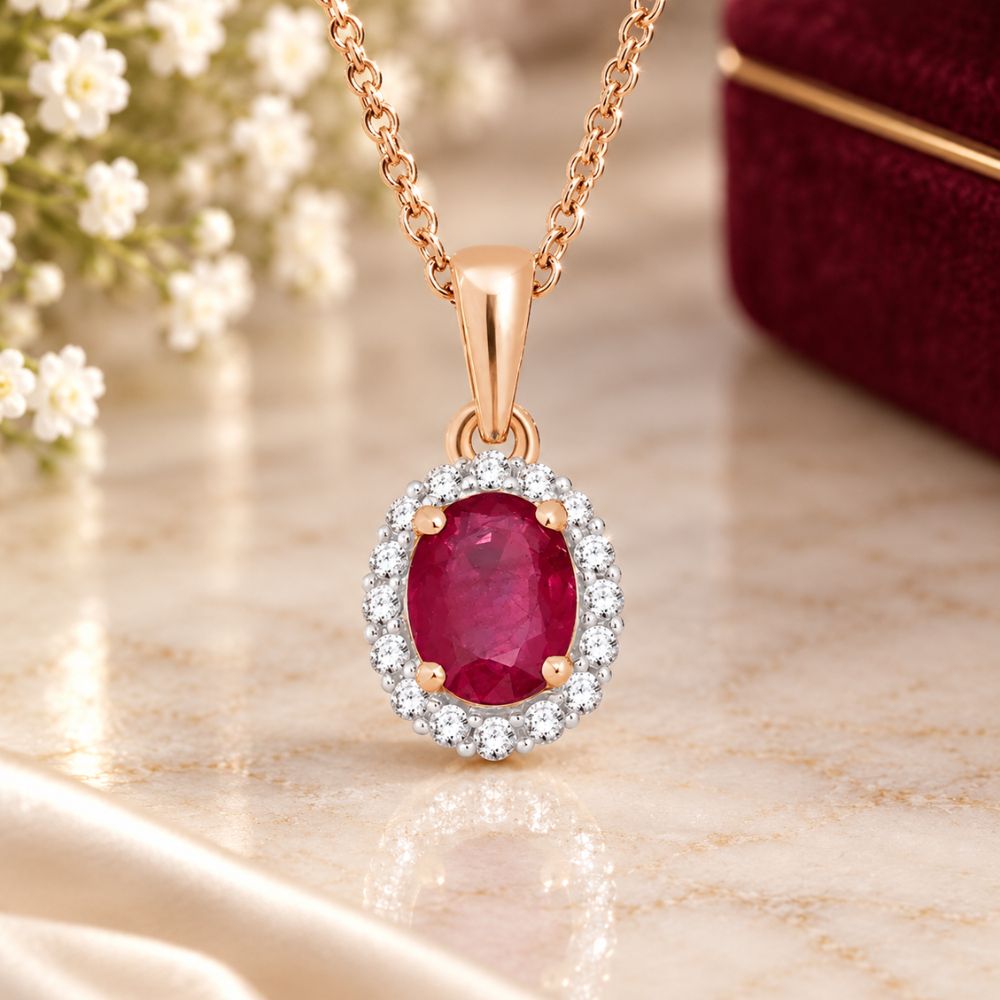 collier halo rubis diamant or rose