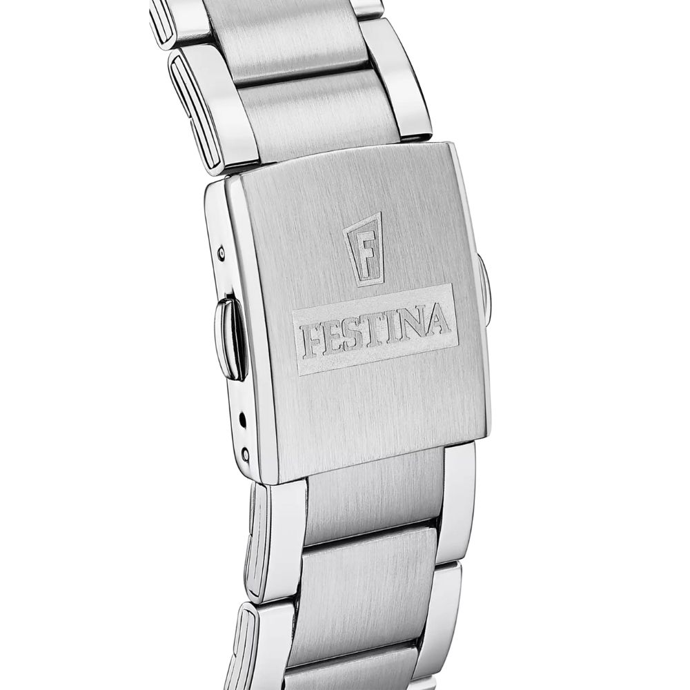 montre-festina-timeless-chronograph-noir-acier-F20343-8 (1) Montre Festina Timeless Chronograph, cadran gris, doré, acier – Image 3