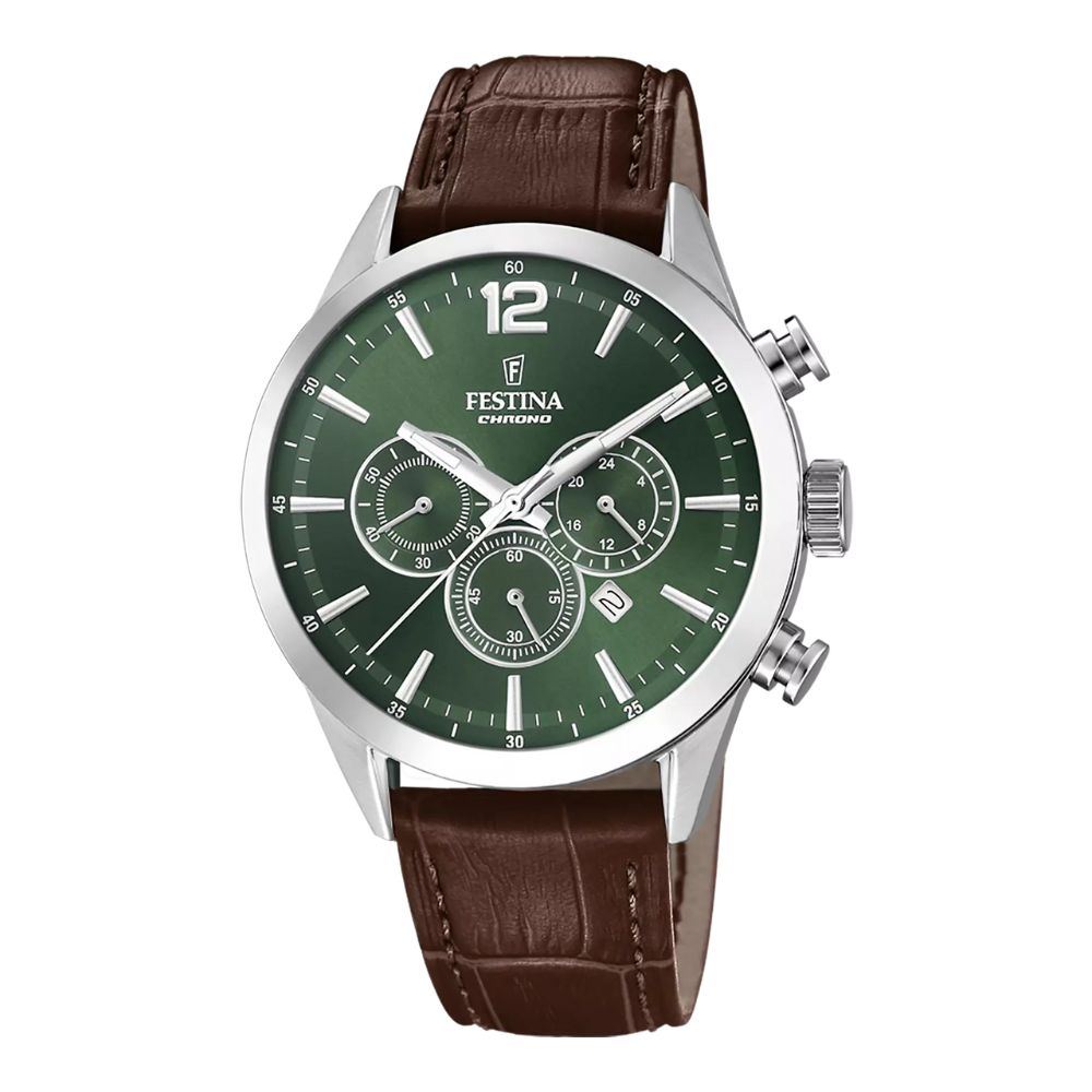 montre-festina-timeless-chronograph-vert-cuir-marron-F20542-8 Montre Homme Festina Timeless Chronograph verte F20542/8